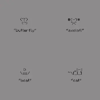 ASCII art of a butterfly, an axolotl, a boat, and a cat