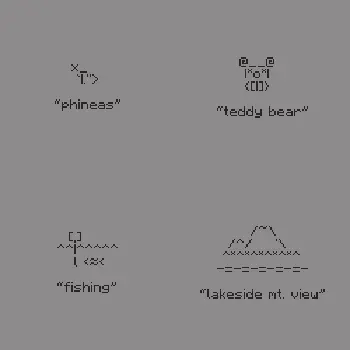 ASCII art of Phineas, a teddy bear, the activity fishing, and a lakeside mountain view