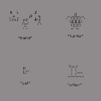 ASCII art of a band, a turtle, a cat, and an otter