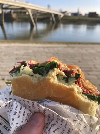 Eating pastrami sandwhich near Nijmegen's De Lentloper bridge