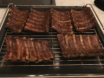 Freshly smoked spare ribs on oven tray